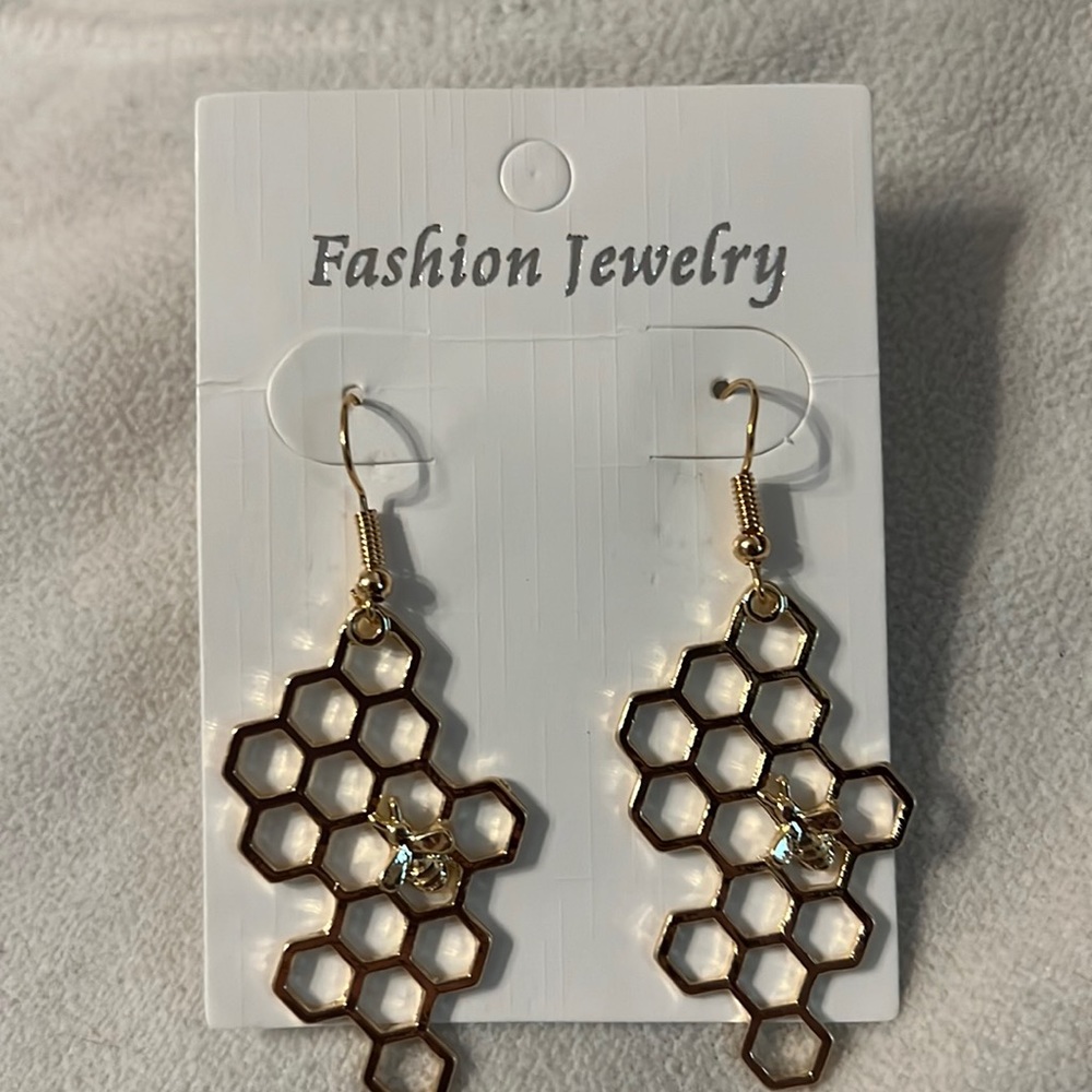 Gold Honeycomb with Bee Earrings